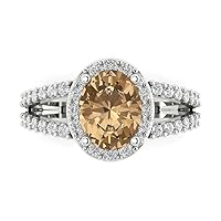 2.21ct Oval Cut Solitaire with Accent Halo split shank Brown Champagne Simulated Diamond designer Modern Ring 14k White Gold