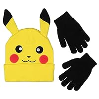 Pokemon Boys Pikachu Face Cuffed Youth Beanie with 3D Ears and Gloves Set