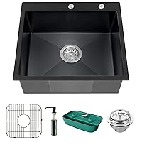 Black Kitchen Sink, Stainless Steel Topmount Bar Sink 25x22x9 Inch Single Bowl Drop In Kitchen Sink Combo-Sink Grid,Soap Dispenser,Faucet Mat,Drain Strainer Set for Modern Single Basin Kitchen Sink