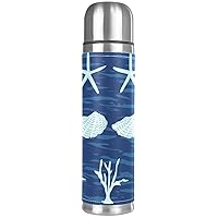 Starfish Coral Oyster Shells on a Blue Background Stainless Steel Coffee Thermos, Double Walled Insulated Water Bottle for Outdoor Sports, Office, Car (17 OZ/500ML)