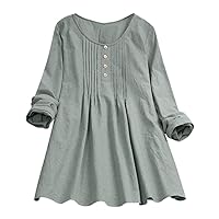 Blouse Casual Cotton and Linen Three Quarter Long Sleeve Pleated Printed O Neck Loose Tops Shirt for Women