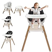 6 and 1 Wooden High Chair, High Chairs for Babies and Toddlers, Baby Highchairs with Adjustable Legs & Dishwasher Safe Tray,5-Point Harness, PU Cushion and Footrest for Baby, Girl, Toddlers (Black)