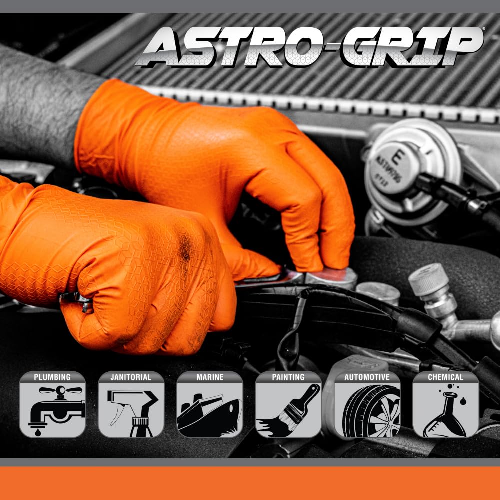 Astro-Grip Powder-Free Exam Grade Nitrile Disposable Gloves. Size X-Large, Orange, 7 mil Thickness. Chemical and Puncture Resistant. Single-Use. Pack of 100. (66474)