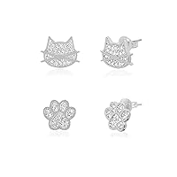 Sterling Silver Stud Cat Earring Paw Earring Set Cubic Zirconia Setting Cute Jewelry for Women Teens Girls Cat Lovers