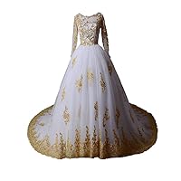White and Gold Applique Ball Wedding Dresses for Bride with Long Sleeves