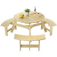ROOMTEC 6-Person Wooden Picnic Benches, Outdoor Round Table with Umbrella Hold Design for Patio, Backyard, Garden, Adults and Kids, 1720lb Capacity, Natural-1