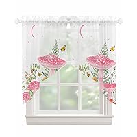 Spring Semi Sheer Swag Curtains, Pink Mushroom Butterfly Green Plant Kitchen Swag Valance Curtains Light Filtering Privacy Half Window Curtains for Bedroom Living Room, 28