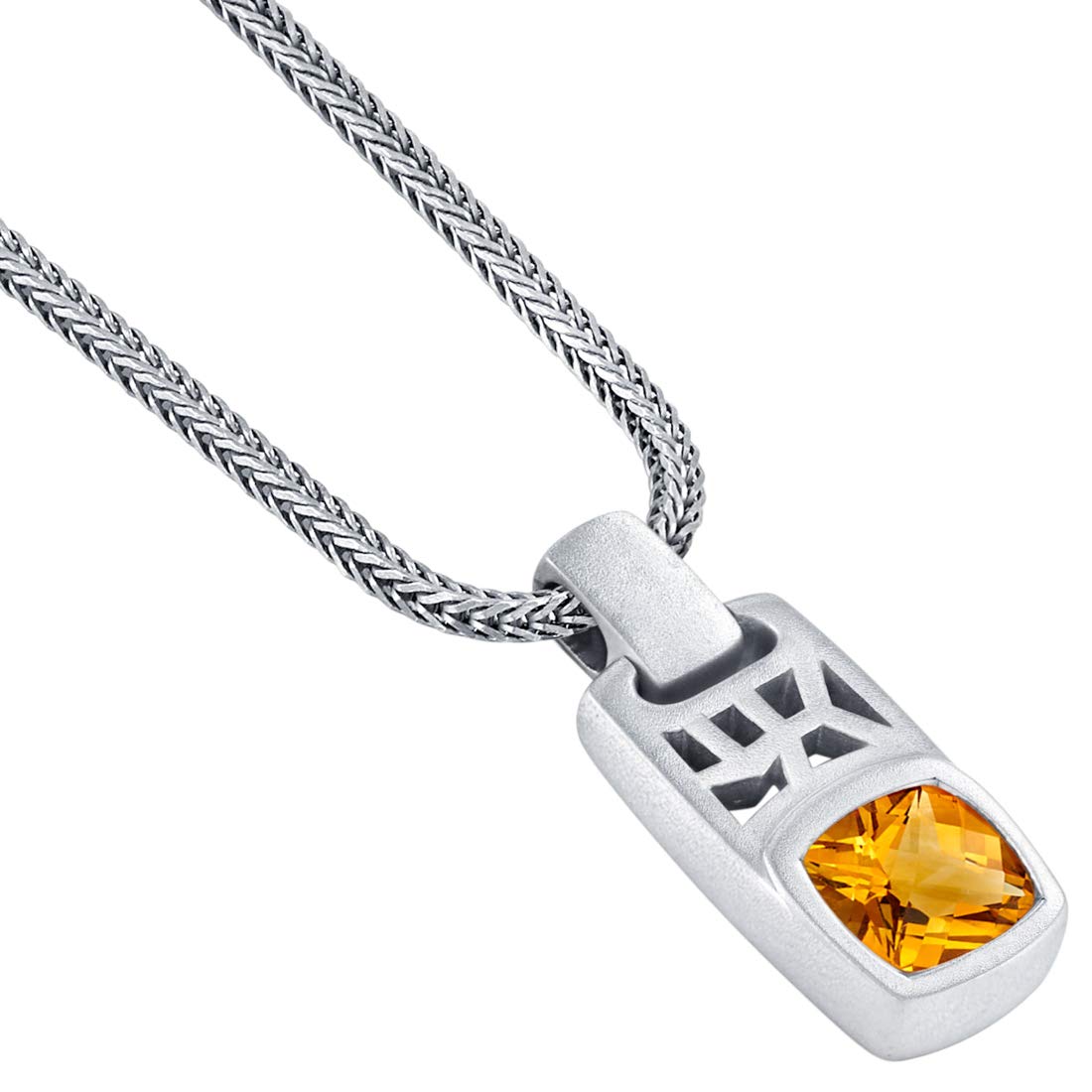Peora Citrine Tag Pendant Necklace for Men in Sterling Silver, 2.75 Carats Cushion Cut, Brushed Finished, with 22-Inch Italian Chain