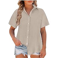 Linen Shirts Women 2024 Summer Tops Short Sleeve Button Down Blouses V Neck Collared Tunic Tops Solid Work Tshirts