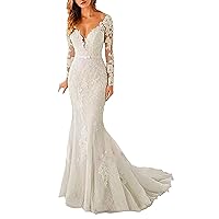 Women's Mermaid Long Sleeve Wedding Dresses Lace Appliques Floor Length Wedding Gown