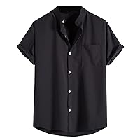 Men's Summer Tops Stand Collar Button Down Shirt Holiday Beach Shirts Casual Solid Hawaiian Tees Short Sleeve T-Shirt Top