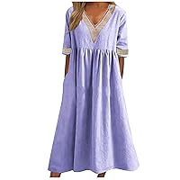 Womens Casual Lace Crochet V Neck Cotton Linen Swing Midi Dress Summer Short Sleeve Calf Length Flowy Babydoll Dresses