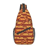 Sling Backpack Bag Golden Stripe Pizza Print Crossbody Chest Bag Adjustable Shoulder Bag Travel Hiking Daypack Unisex