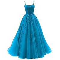 Spaghetti Strap Prom Dress Ball Gown Lace Appliques Wedding Tulle Homecoming Long Dress Princess Formal Evening Gowns