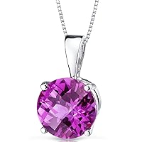 PEORA Solid 14K White Gold Created Pink Sapphire Pendant for Women, Classic Solitaire, Round Shape, 8mm, 2.50 Carats total