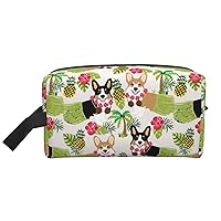 Tropical Flower And Corgi Print Fashion Cosmetic Organizer Bag, Women'S Travel Accessories Organizer Cosmetic Bag