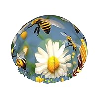 Flying Bees Daisy Honey Shower Cap For Women, Elastic And Reusable,Double Waterproof Layers Bathing Hat