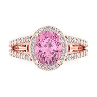 2.21ct Oval Cut Solitaire with Accent Halo split shank Pink Simulated Diamond designer Modern Statement Ring 14k Rose Gold