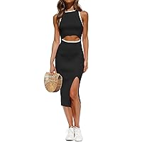 ZESICA Women's Summer Bodycon Sweater Dress Sleeveless Cut Out Contrast Color Side Slit Pencil Dresses