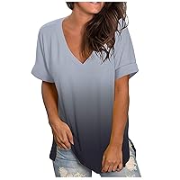 Womens Gradient V Neck Shirt Rolled Short Sleeve Side Split Tshirts Tees Loose Fit 2024 Summer Tunic Tops