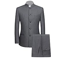 Men 2 Pieces Chinese Tunic Suit Mandarin Collar Blazer Set Button Jacket Pant Set Traditional Uniform Groom Dress