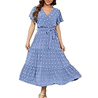 Polka Dot Dress for Women, Women's Boho V Neck Ruffle Sleeve Tie Flowy Long A Line Dresses Maxi 2024 Casual, S XL