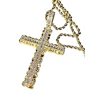 Nugget Cross Men Women 925 Italy Gold Finish Iced Silver Charm Ice Out Pendant Stainless Steel Real 2 mm Rope Chain Necklace, Mans Jewelry, Iced Pendant, Rope Necklace 16