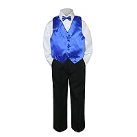 4 PC Formal Baby Teen Boy Royal Blue Vest Bow Tie Black Pants Suit S-14 (4T)