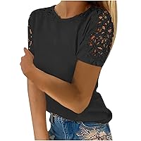 Tshirts Shirts for Women Trendy Lace Crochet Tops Summer Short Sleeve Tunic Shirts Casual Loose Dressy Blouses