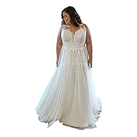 Melisa Women's A Line Lace Beach Wedding Dresses for Bride with Train Tulle Elegant Bridal Ball Gown Plus Size