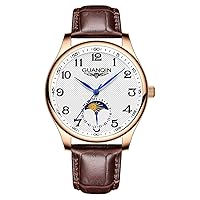 GUANQIN Men's Business Watch, Analog Automatic Mechanical Watch, Men's Stainless Steel, Leather, Sapphire Crystal, Male, Date, Moon Phase, Multifunction Waterproof, rose white brown