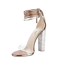 LALA IKAI Women’s Gold Rhinestone High Heels Sandals Ankle Strappy Clear Chunky Heels Dress Shoes