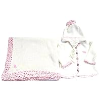 Knitted & Crochet Finished Ivory Cotton Pink Chenille Trim Sweater Hat Blanket.