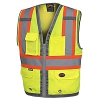 Pioneer Safety Vest for Men – Hi Vis Reflective Neon, Cool Mesh Back Panel, 12 Pockets, Zipper for Surveyor Work – Orange, Yellow/Green