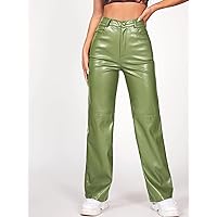 Women's Dress Solid Leather Straight Leg Pants (Color : Lime Green, Size : XX-Small)
