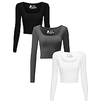 3 Piece Women's Lightweight Long Sleeve Crop Tops Square Neck Cropped Top Set for Women Workout Gym Exercise Yoga