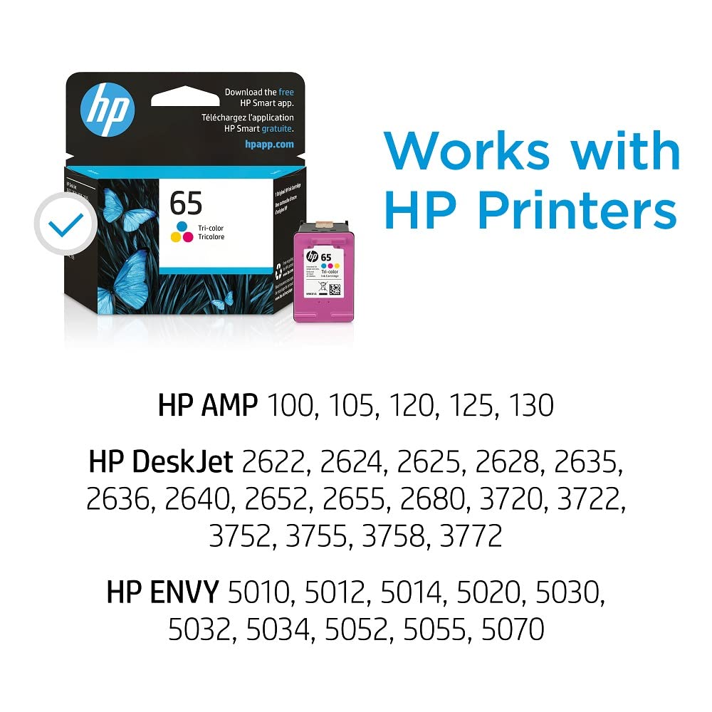 HP 65 Tri-color Ink Cartridge | Works with HP AMP 100 Series, HP DeskJet 2600, 3700 Series, HP ENVY 5000 Series | Eligible for Instant Ink | N9K01AN