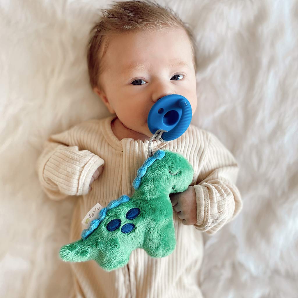 Itzy Ritzy Pacifier and Lovey Set; Detachable Plush Dinosaur and Coordinating Blue Silicone Pacifier; Ideal for Ages 0 Months and Up, Dinosaur