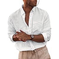 Mens Button Down Shirt Linen Cotton Shirts Casual Long Sleeve Spread Collar Lightweight Beach Plain Tops