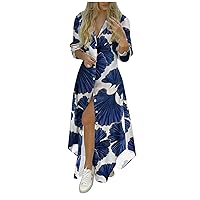 COTECRAM 2023 Plus Size Dress for Women Casual Long Sleeve Summer Maxi Dresses Long Button Down Shirt Dress Boho Beach Dress Spring Dress for Women 2023(D Navy,Small)