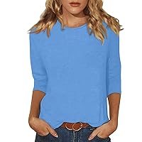 3/4 Sleeve Tops for Women，Casual Loose Fit Crewneck Tshirts Solid Trendy Basic Three Quarter Length Tunic Blouse