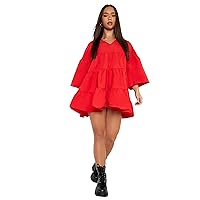 Elina fashion Women's Faux Georgette Flared Mini 3/4 Sleeve Solid Dress V-Neck Summer Casual Tiered Dresses