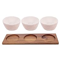 BESTOYARD Chip and Dip Serving Set 3pcs Ceramic Dipping Bowls with Wooden Tray Small Porcelain Divided Fruit Snack Holder for Condiment Appetizer Dessert