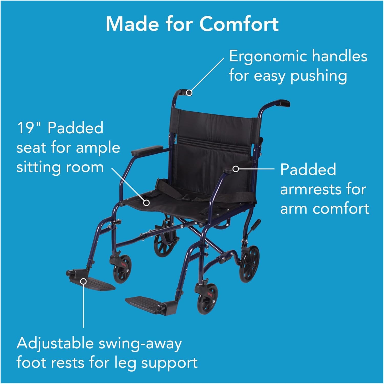 Carex Transport Wheelchair with Wheelchair Cushion, 19 inch Seat - Folding Transport Chair with Foot Rests - Foldable Wheel Chair and Lightweight Folding Wheelchair