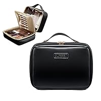 Travel Makeup Bag with [Detachable Makeup Brush Divider] Large Capacity PU Leather Cosmetic Bag, Portable Water-Resistant Open Flat Toiletry Bag for Women Girl, Black Forest
