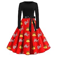Flared Dress for Woman 2023 Retro 1950s Long Sleeve Swing Rockabilly Cocktail Party Dress Womens Christmas Dresses