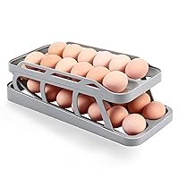 Egg Holder for Fridge, Double Rows Egg Dispenser for Refrigerator, Automatic Egg Roller Organizer, 2 Tier Space-Saving Eggs Container Tray (Grey)
