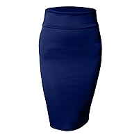 Women's Midi Skirt – Stretch Knit Bodycon Slim Fit Office Elastic Waist Pencil Solid Skirt Made in USA