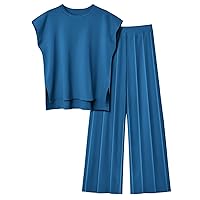 LILLUSORY 2 Piece Outfits for Women Casual Dressy Knit Lounge Sets Cap Sleeve High Low Top and Elastic Waisted Pleated Pants