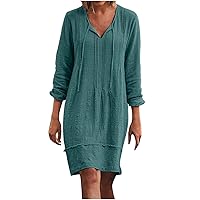 Women's Plus Size Tunic Dress 2023 Fall Cotton Linen 3/4 Sleeves Knee Length Casual Dresses Loose Comfy T Shirt Dress